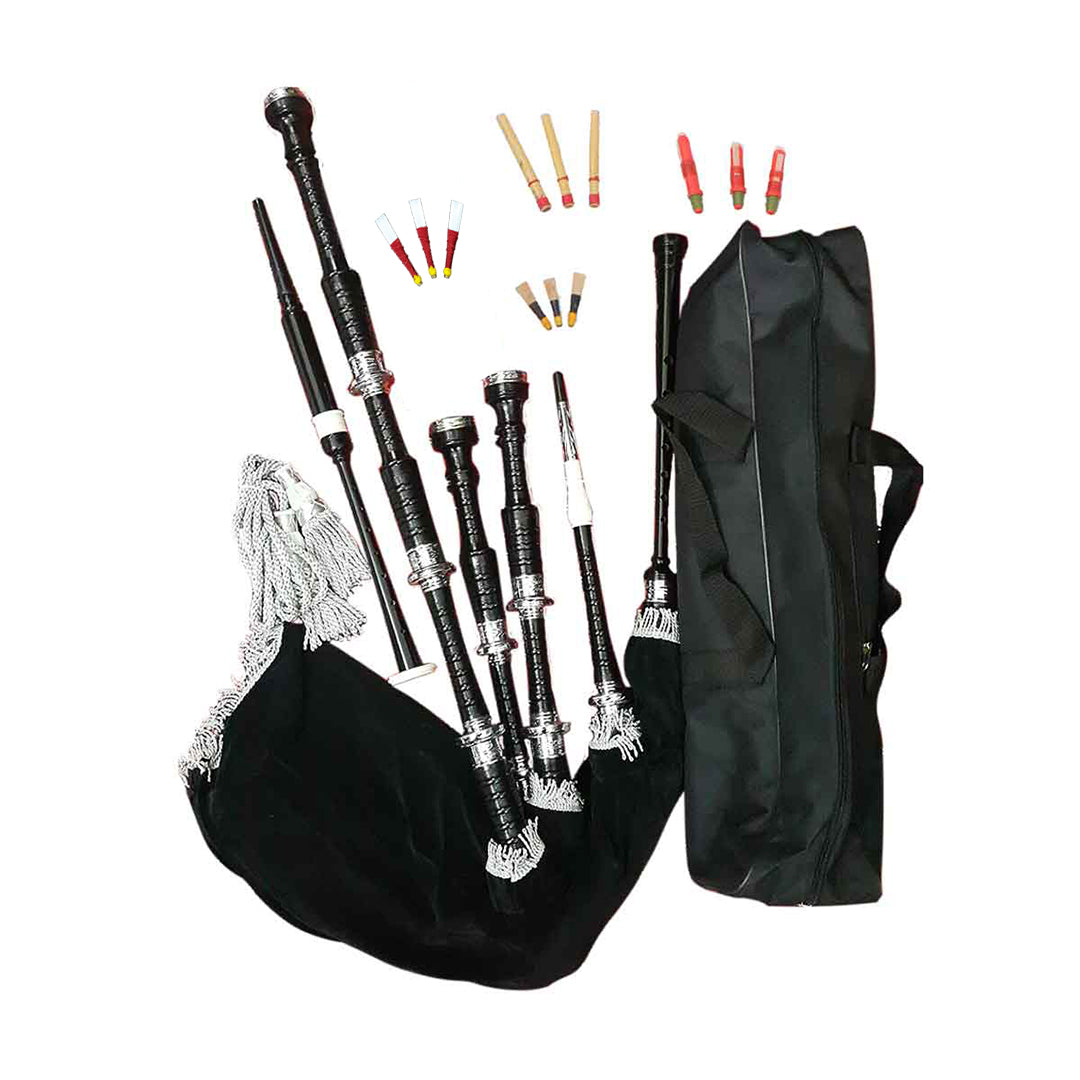 house-of-scotland-Rosewood-Highland-Bagpipe-black-finish-engraved-chrome-ferrules-engraved-chrome-projecting-mounts
