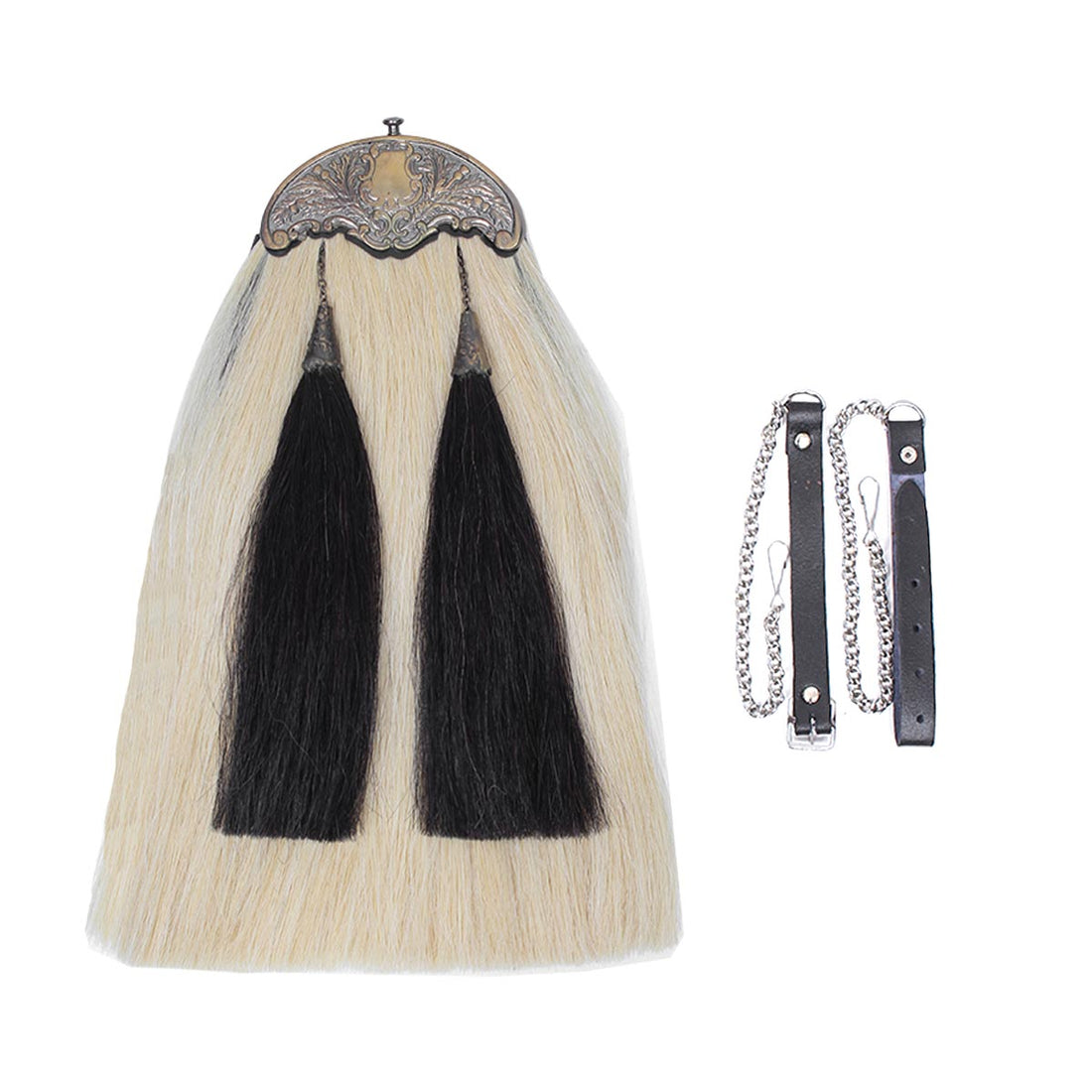 house-of-scotland-antique-original-horse-hair-sporran-white-body-with-two-black-tassels-and-chain-belt