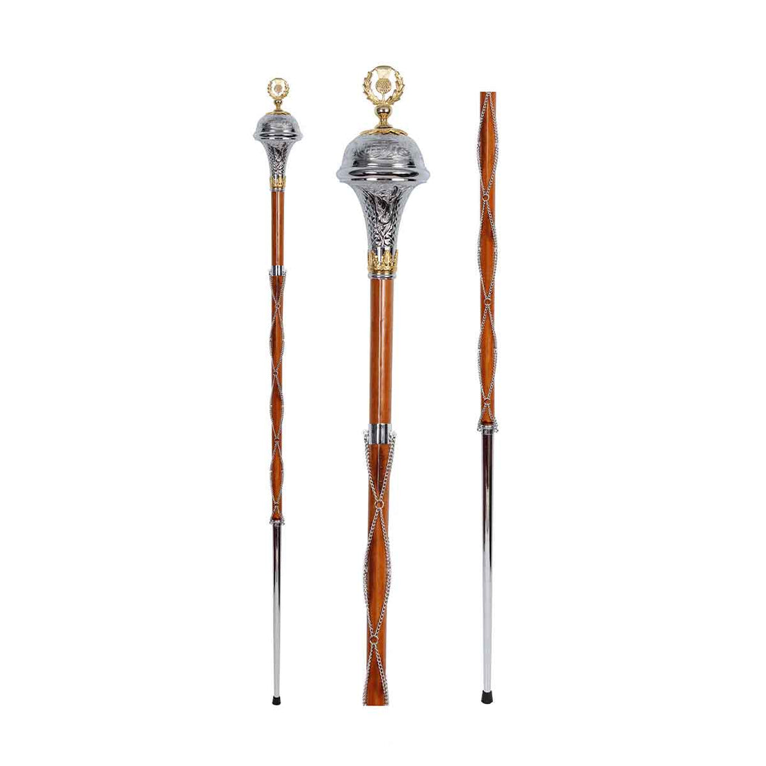 Drum Major Mace or Stave Chrome Embossed Head with Gold Thistle Flower Top - House Of Scotland
