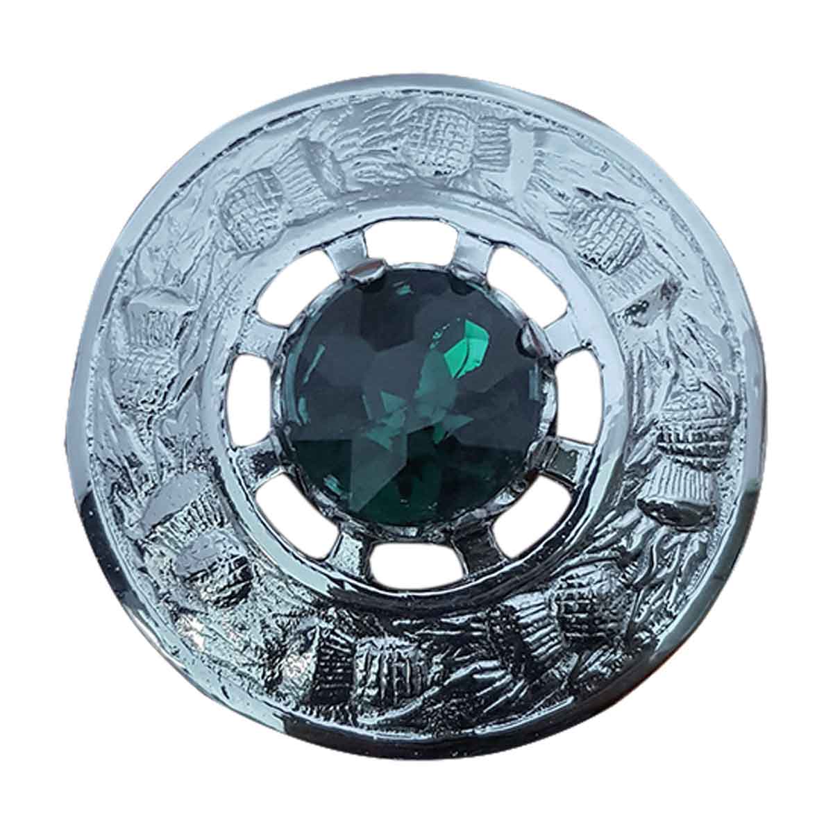 Plaid Brooch Green Stone Round Thistle Flower - House Of Scotland