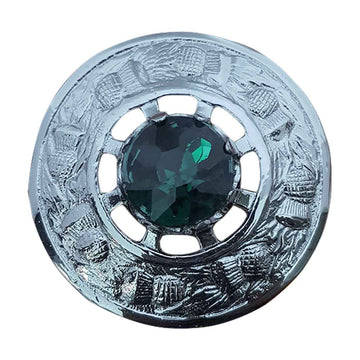 Plaid Brooch Green Stone Round Thistle Flower - House Of Scotland