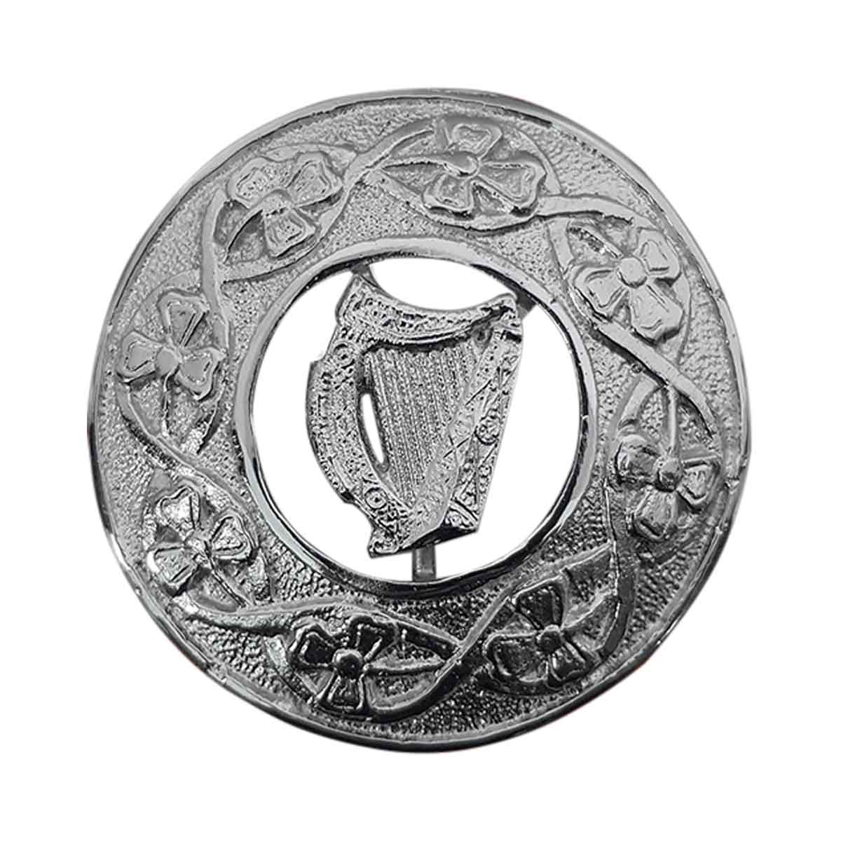 Plaid Brooch Irish Harp Round Irish Shamrock - House Of Scotland