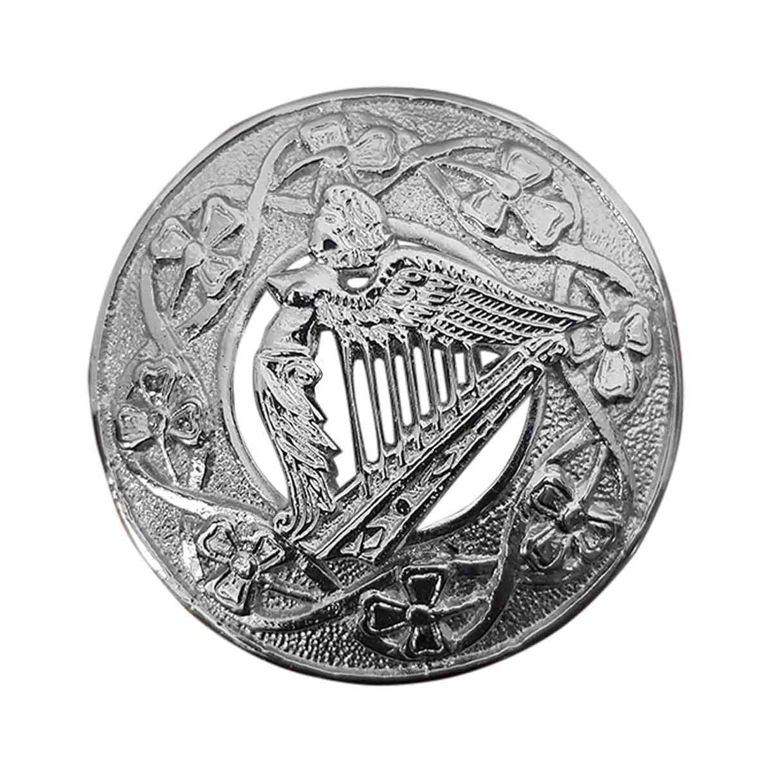 Plaid Brooch Irish Lady Harp Round Irish Shamrock - House Of Scotland