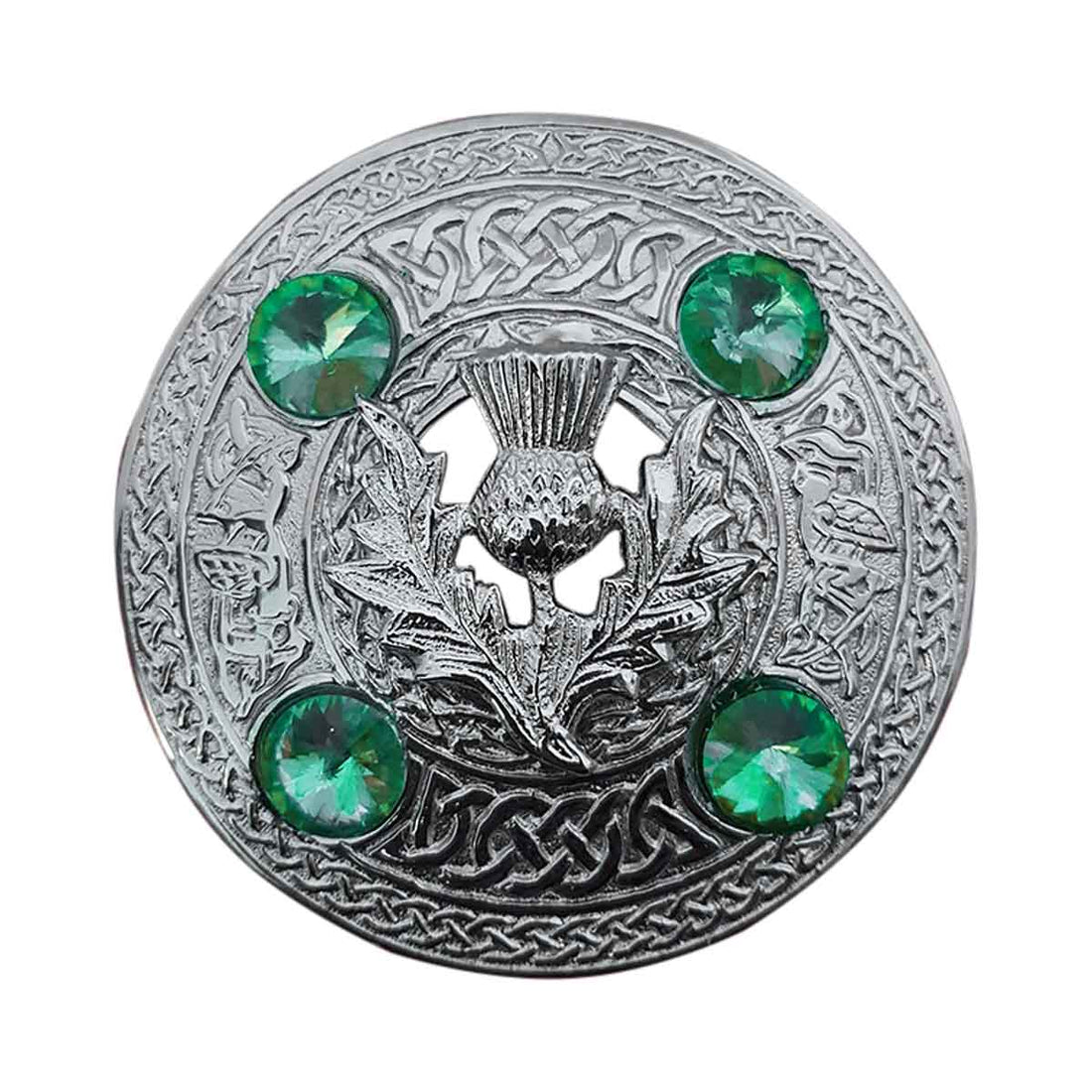 Plaid Brooch Thistle Flower Round 4 Green Stones - House Of Scotland
