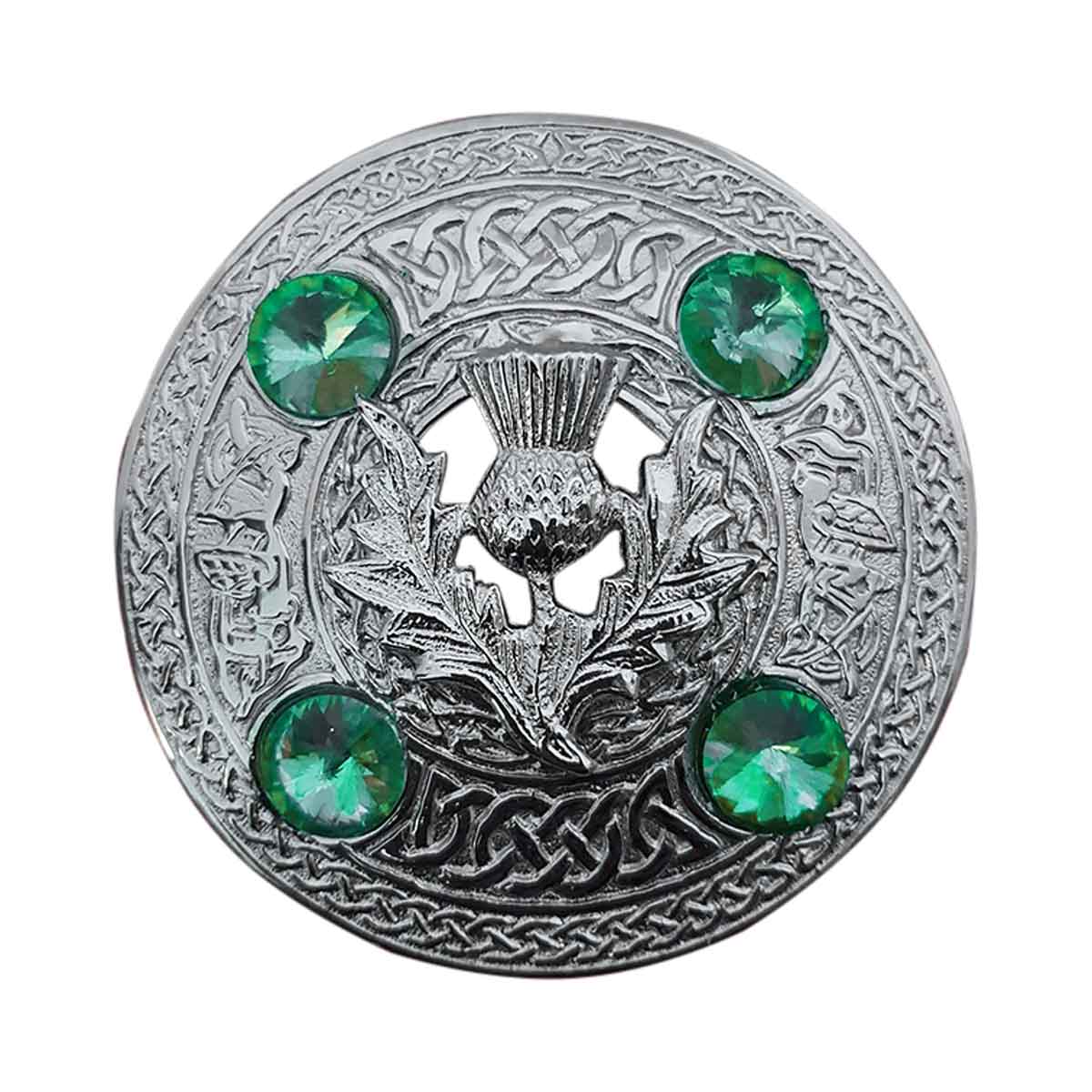 Plaid Brooch Thistle Flower Round 4 Green Stones - House Of Scotland