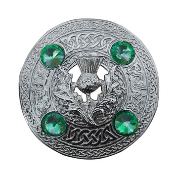 Plaid Brooch Thistle Flower Round 4 Green Stones - House Of Scotland
